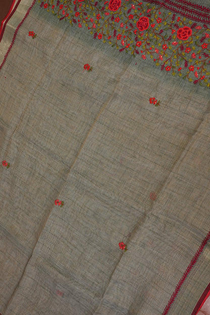 Embroidered Jute Linen Saree - Grey with Blue Undertone
