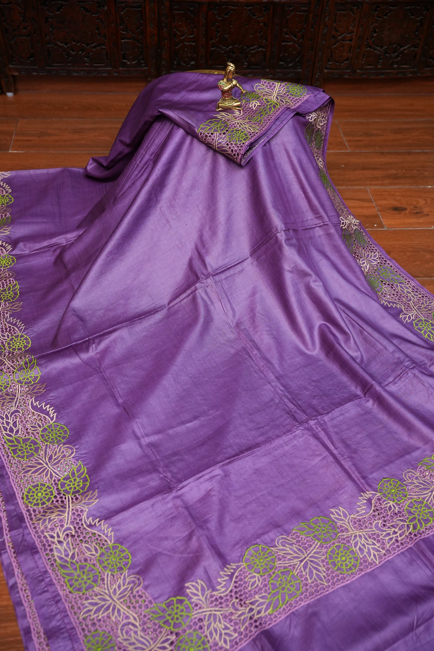 Pure Tussar Silk Saree with Floral Cutwork Embroidered Borders – Purple