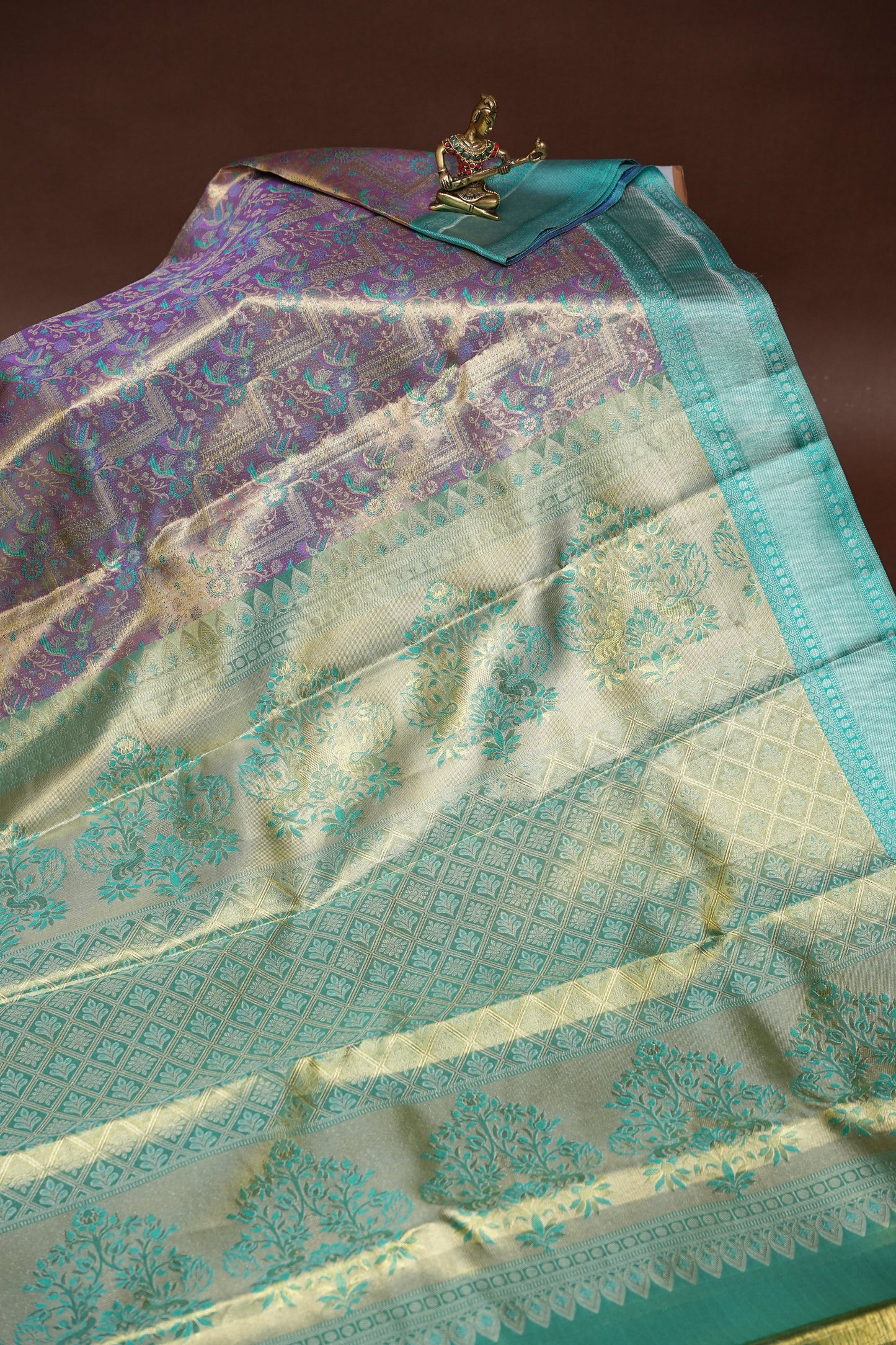 Pure Tissue Kanchipuram Silk Saree - Dusty Lavender Gold with Peacock Teal| Silk Mark Certified