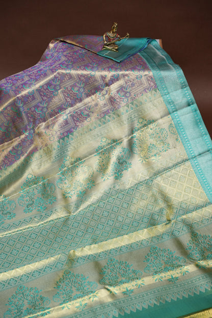 Pure Tissue Kanchipuram Silk Saree - Dusty Lavender Gold with Peacock Teal| Silk Mark Certified