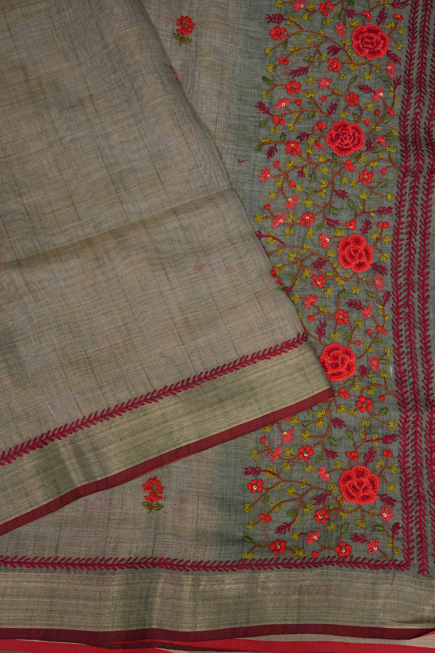 Embroidered Jute Linen Saree - Grey with Blue Undertone