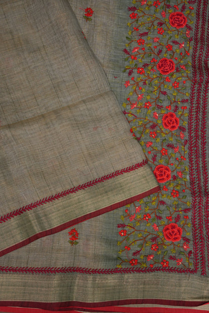 Embroidered Jute Linen Saree - Grey with Blue Undertone