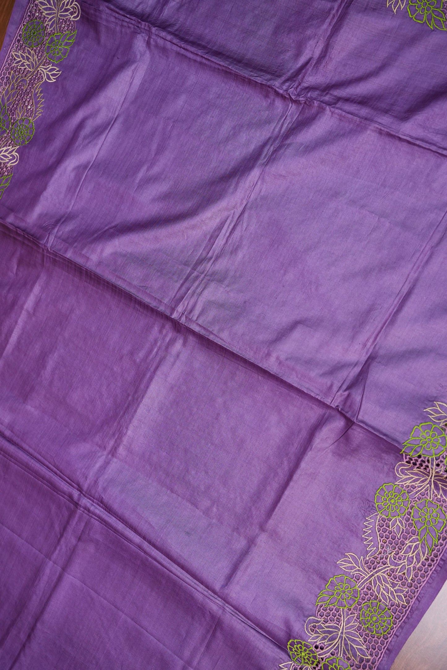 Pure Tussar Silk Saree with Floral Cutwork Embroidered Borders – Purple