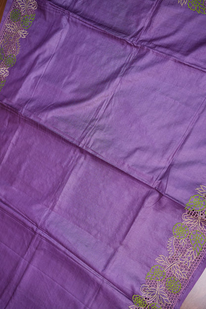 Pure Tussar Silk Saree with Floral Cutwork Embroidered Borders – Purple