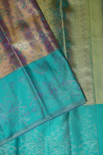 Pure Tissue Kanchipuram Silk Saree - Dusty Lavender Gold with Peacock Teal| Silk Mark Certified