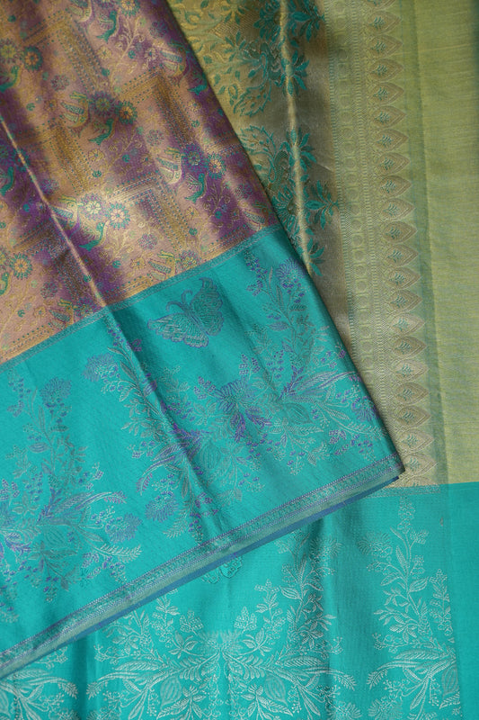 Pure Tissue Kanchipuram Silk Saree - Dusty Lavender Gold with Peacock Teal| Silk Mark Certified