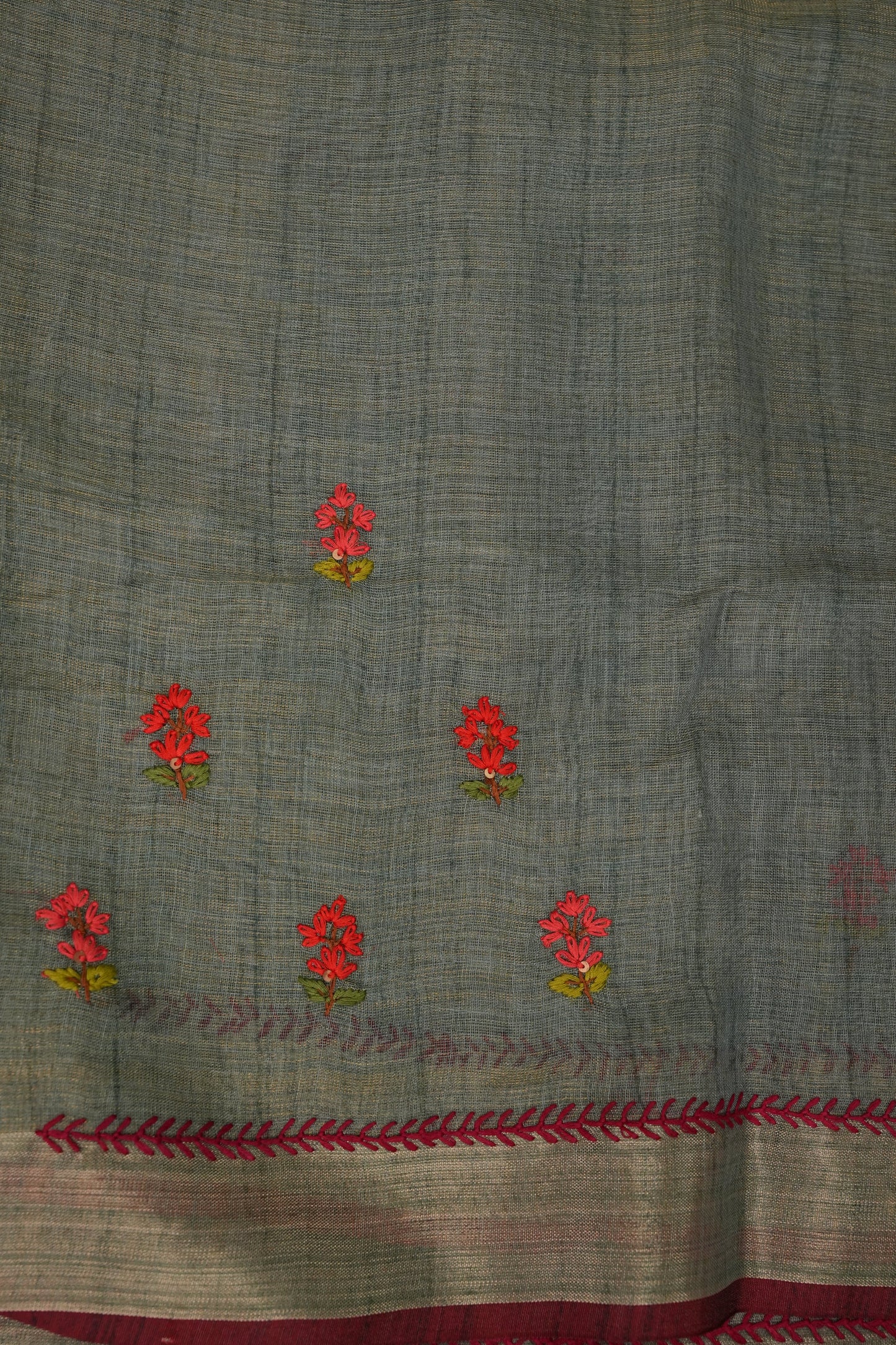 Embroidered Jute Linen Saree - Grey with Blue Undertone