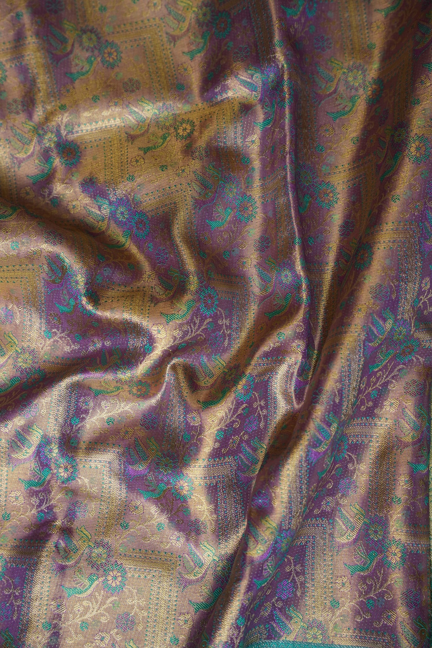 Pure Tissue Kanchipuram Silk Saree - Dusty Lavender Gold with Peacock Teal| Silk Mark Certified