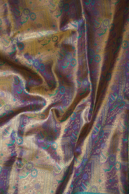 Pure Tissue Kanchipuram Silk Saree - Dusty Lavender Gold with Peacock Teal| Silk Mark Certified
