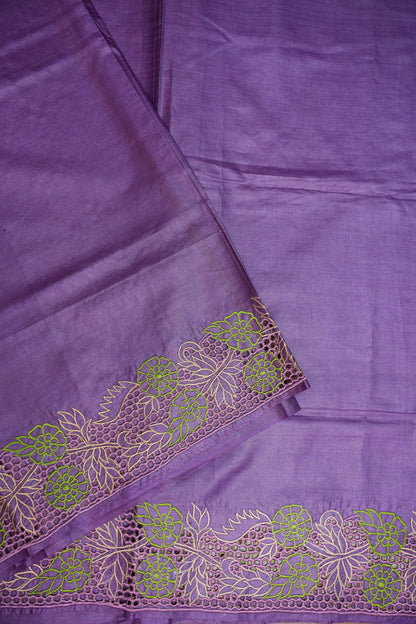 Pure Tussar Silk Saree with Floral Cutwork Embroidered Borders – Purple