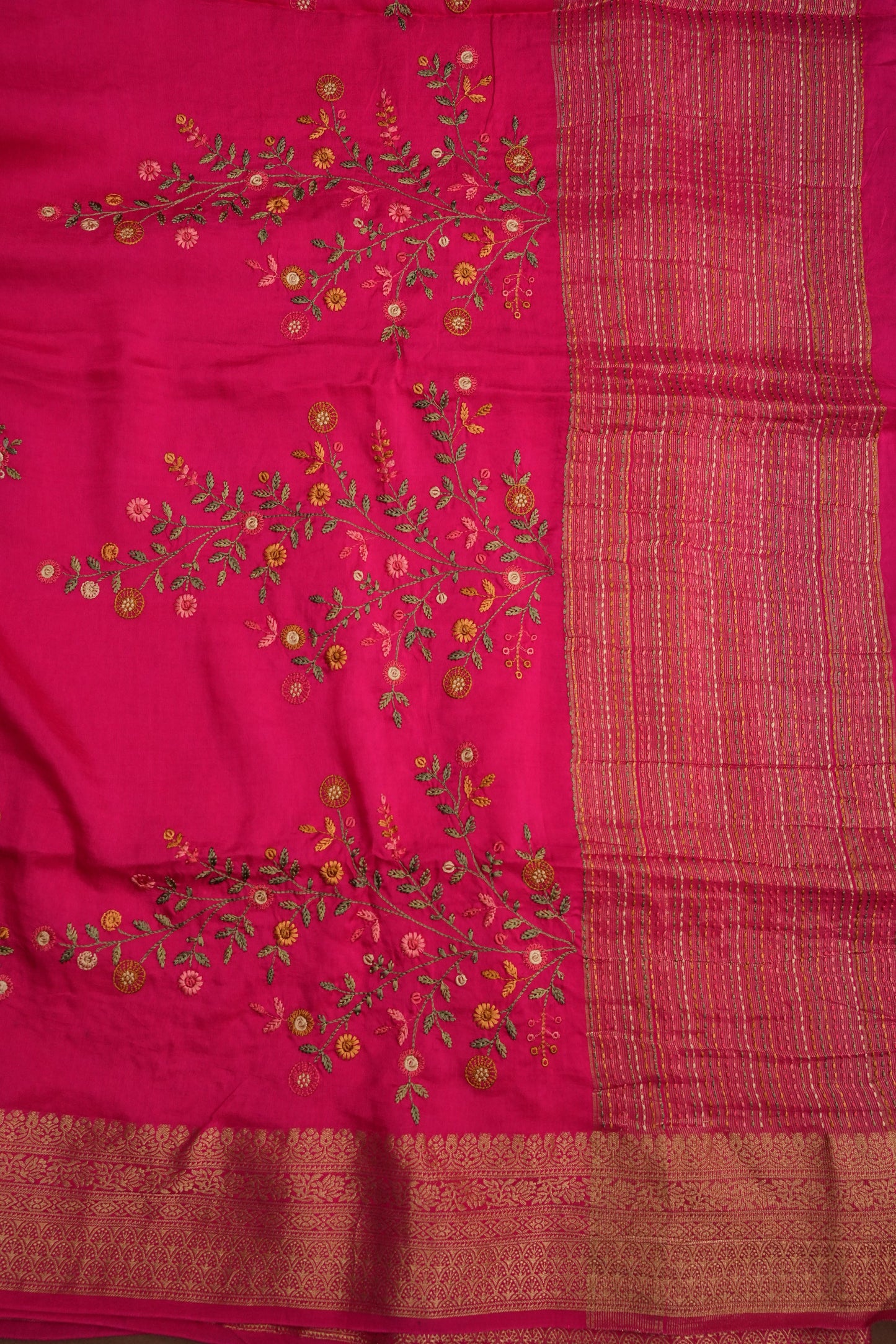 Rani Pink Crepe silk saree with French knot work