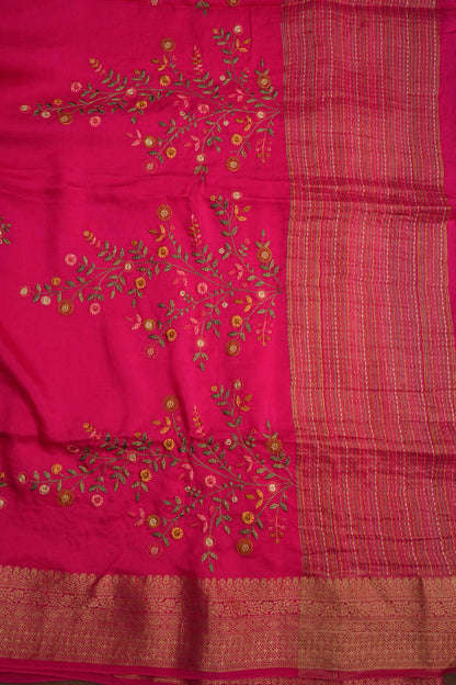 Rani Pink Crepe silk saree with French knot work
