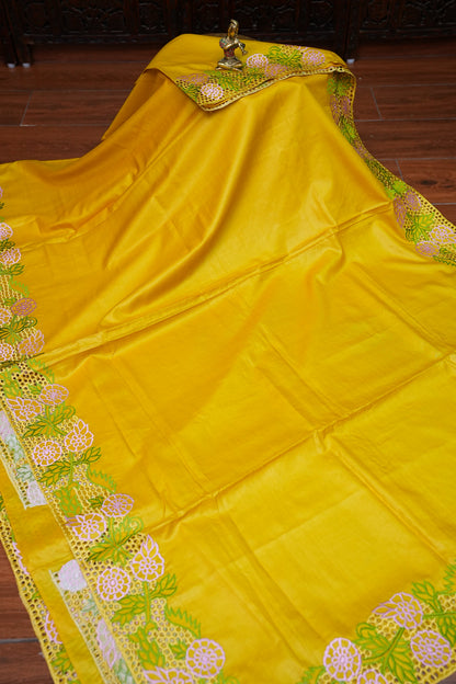 Pure Tussar Silk Saree with Cutwork Borders & Pallu – Yellow