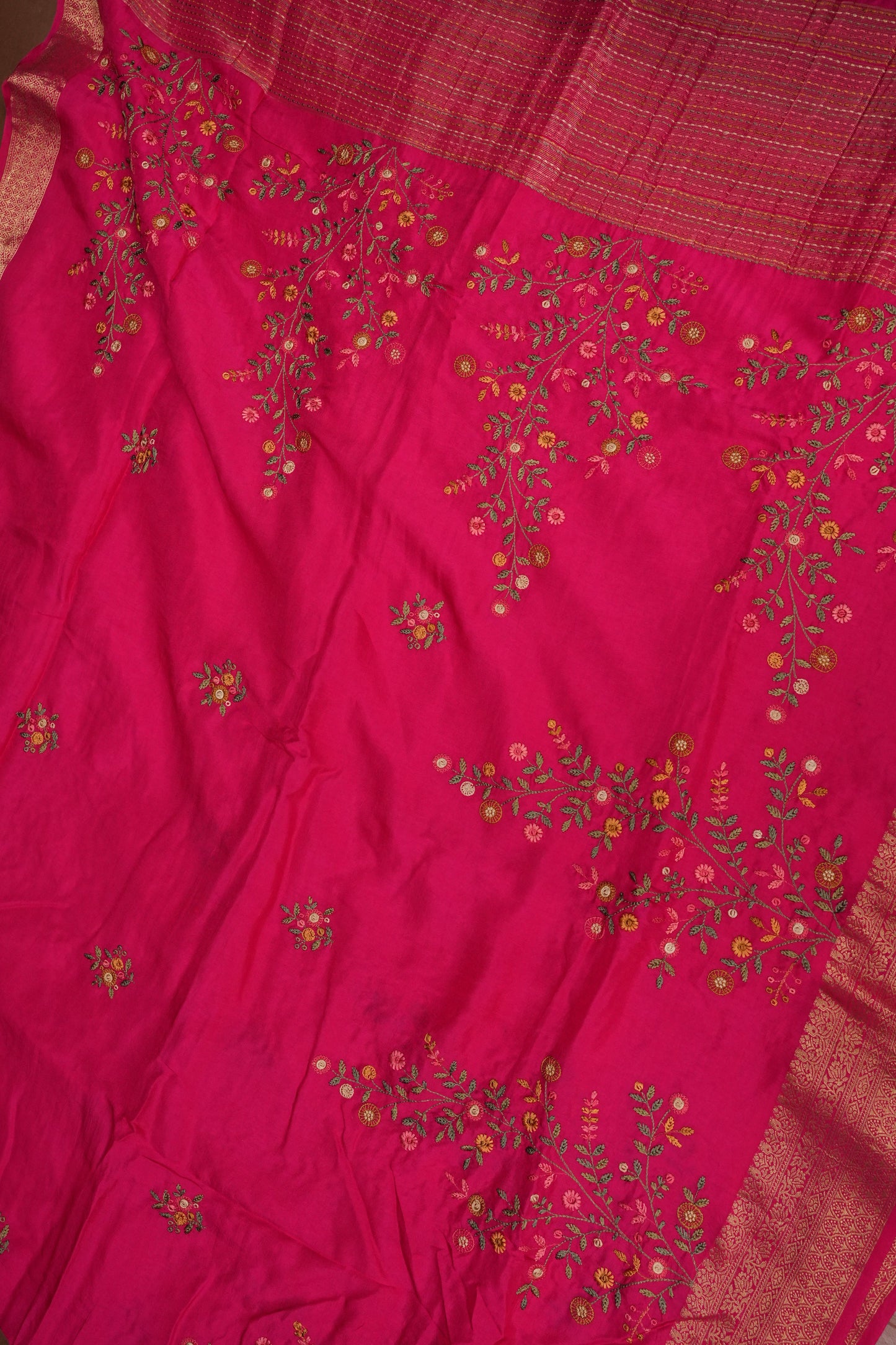 Rani Pink Crepe silk saree with French knot work