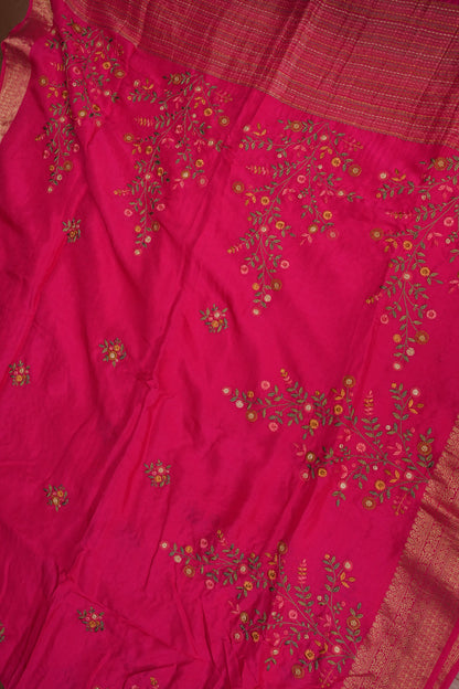 Rani Pink Crepe silk saree with French knot work