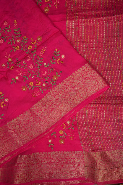 Rani Pink Crepe silk saree with French knot work