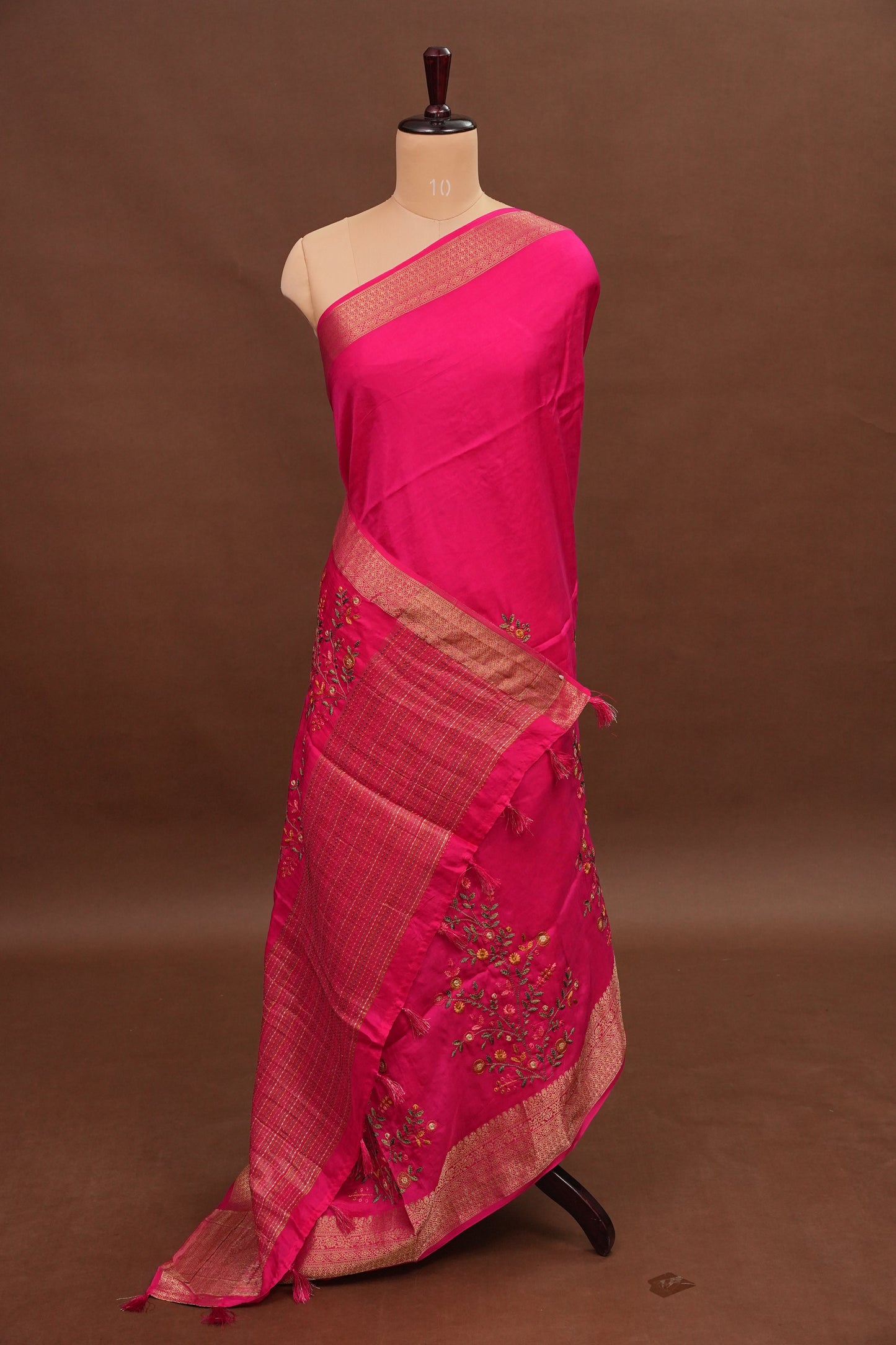 Rani Pink Crepe silk saree with French knot work
