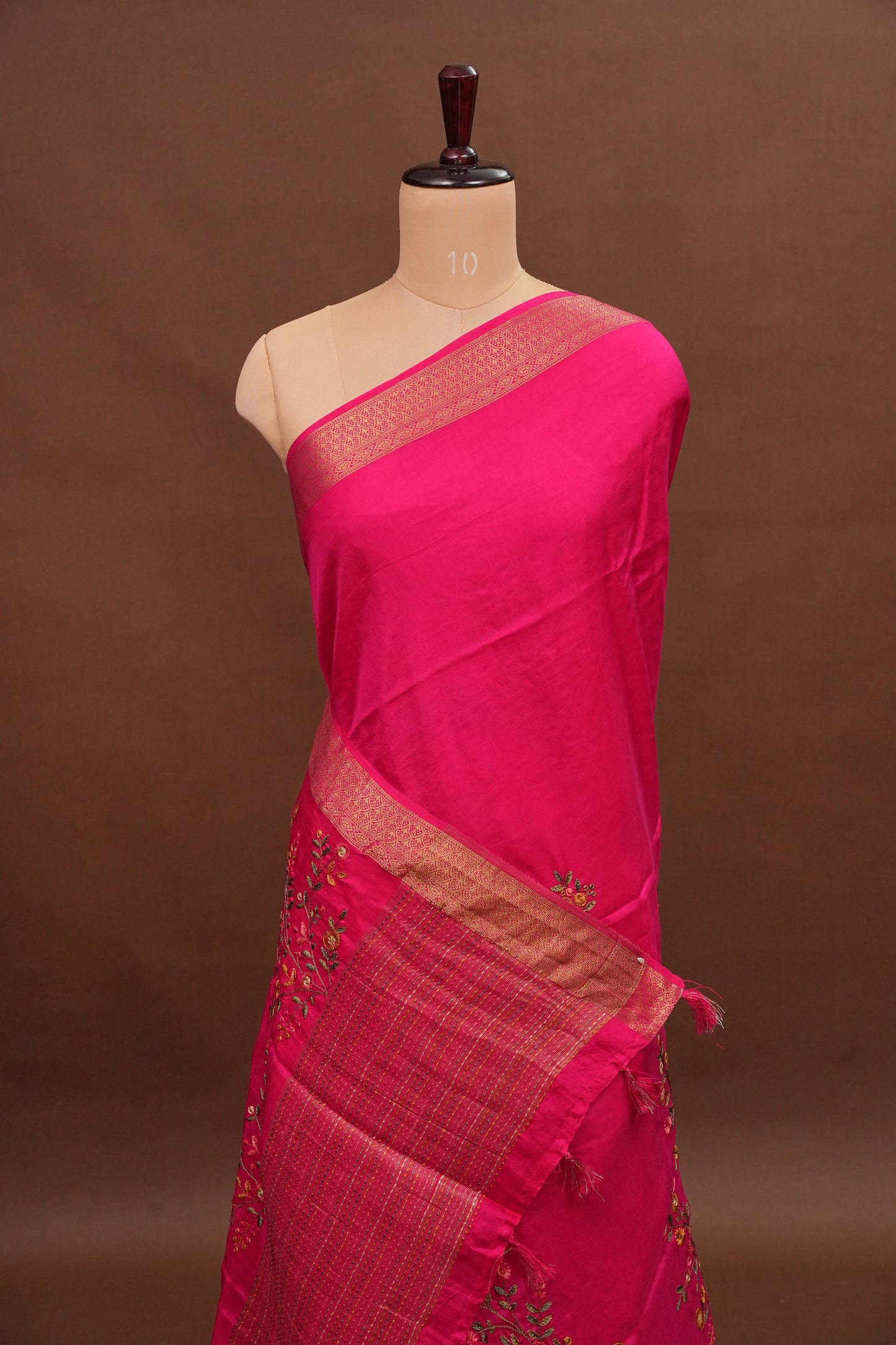 Rani Pink Crepe silk saree with French knot work