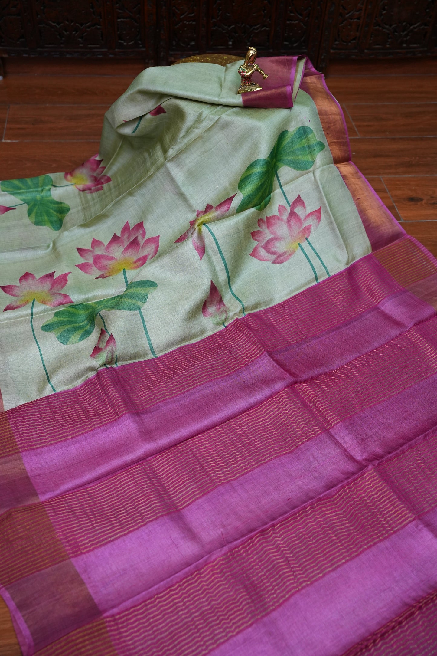 Pure Tussar Silk Saree with Floral Handpainted Print – Mint Green & Magenta | Silk Mark Certified