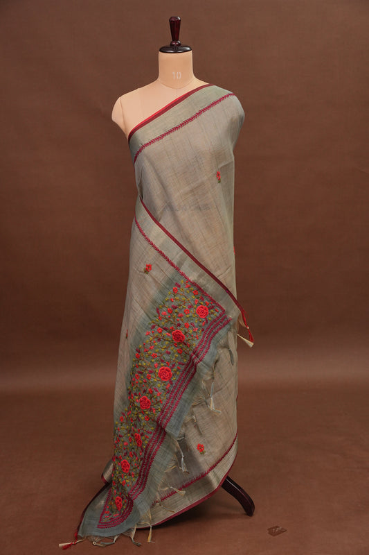 Embroidered Jute Linen Saree - Grey with Blue Undertone