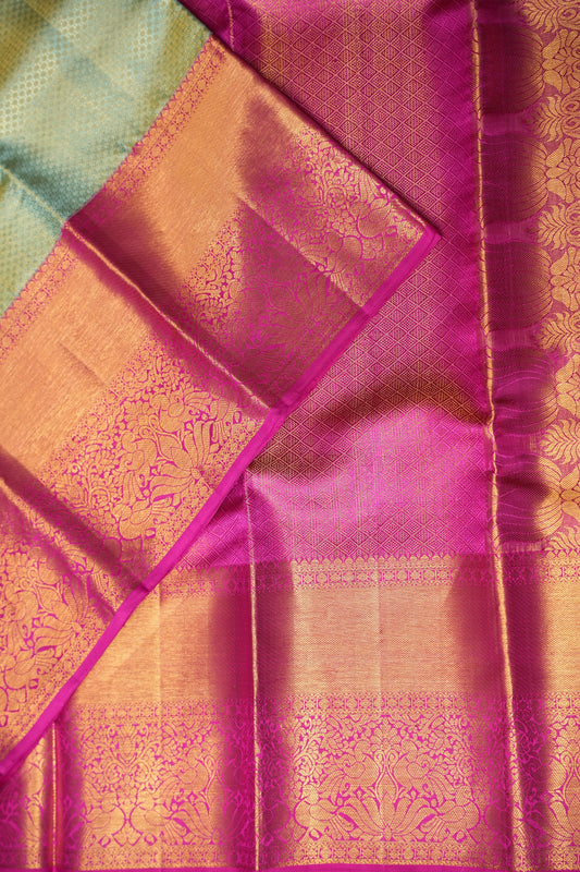 Pastel Mint Green & Hot Pink Pure Tissue Kanchipuram Silk Saree|Silk Mark Certified