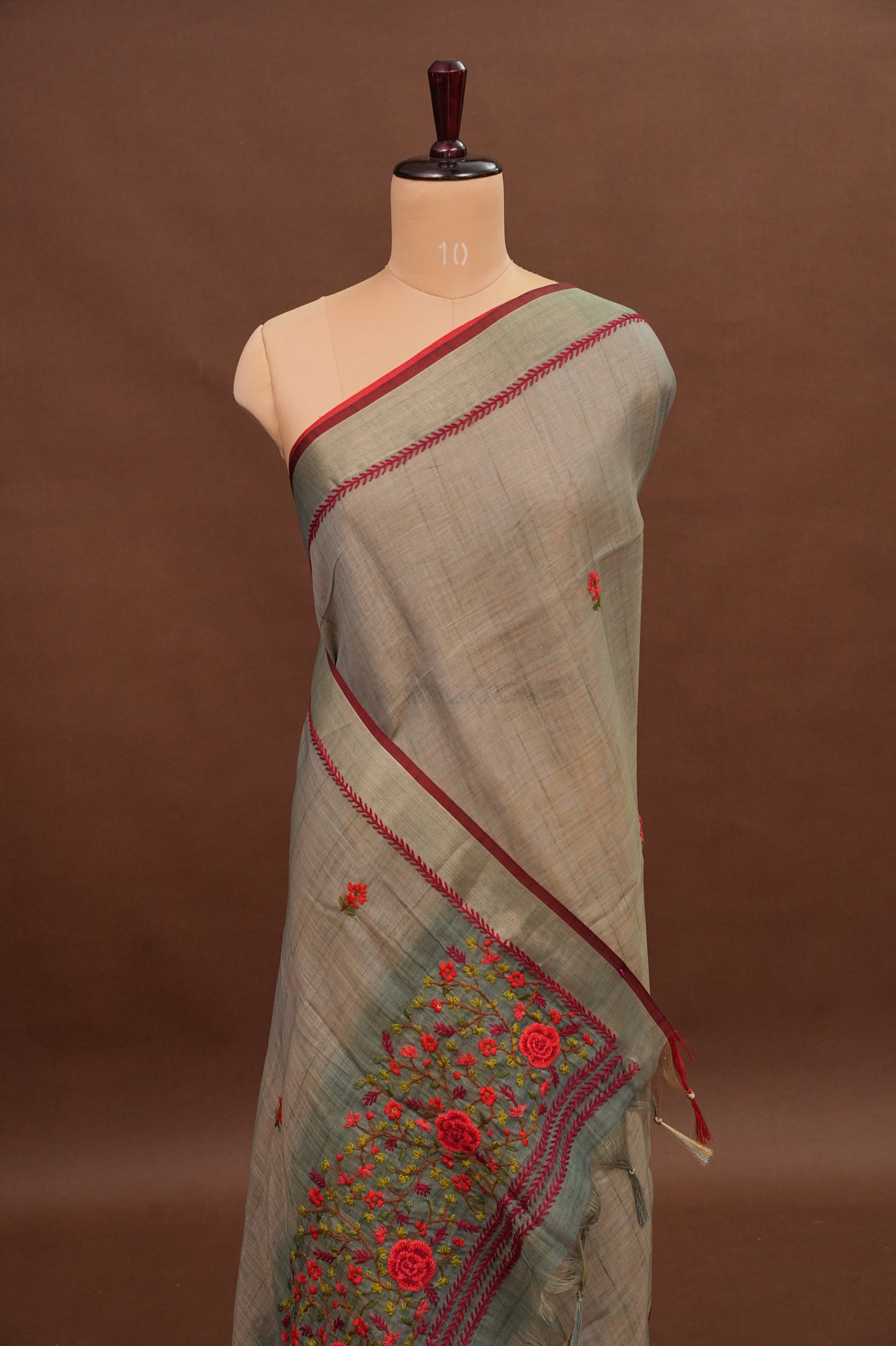 Embroidered Jute Linen Saree - Grey with Blue Undertone
