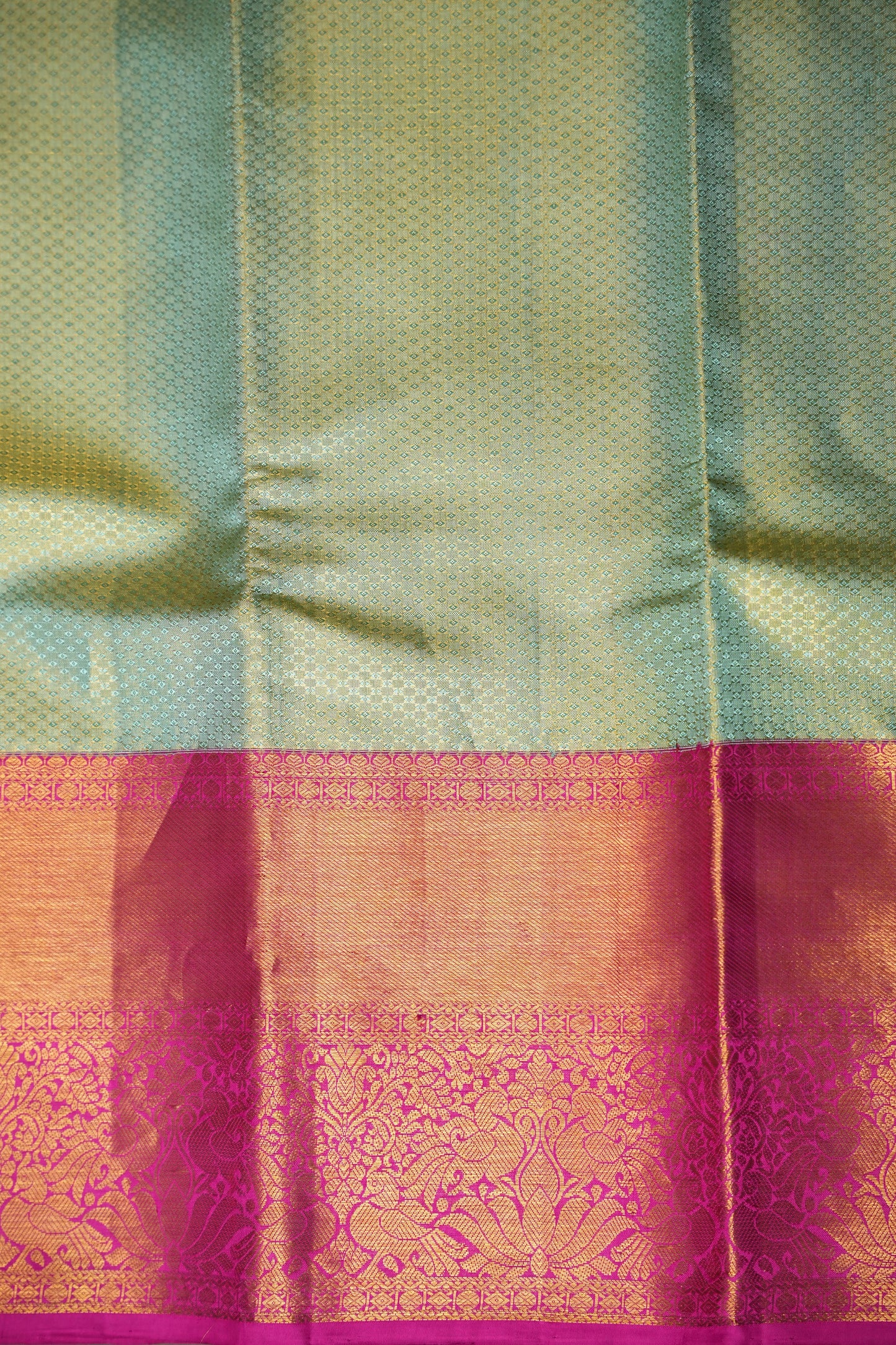 Pastel Mint Green & Hot Pink Pure Tissue Kanchipuram Silk Saree|Silk Mark Certified