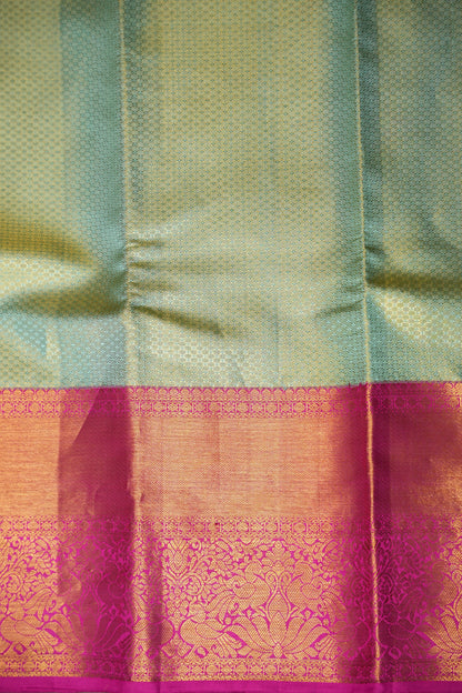 Pastel Mint Green & Hot Pink Pure Tissue Kanchipuram Silk Saree|Silk Mark Certified
