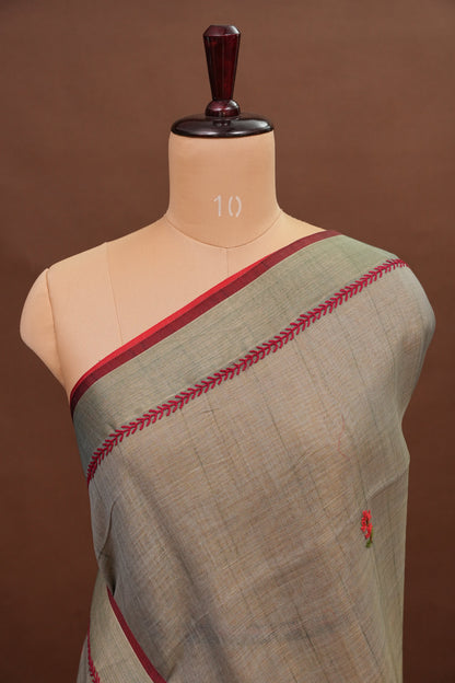 Embroidered Jute Linen Saree - Grey with Blue Undertone