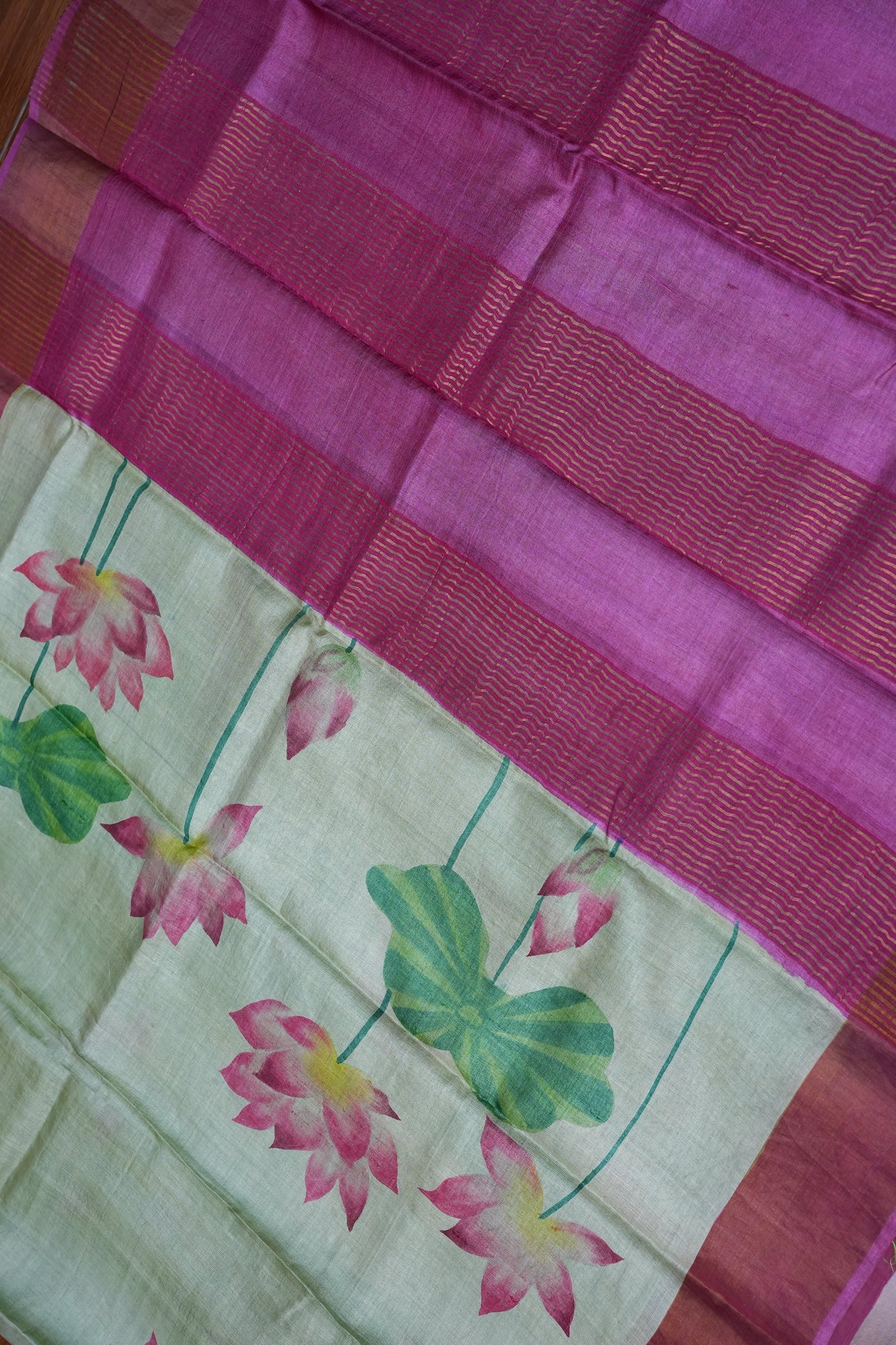 Pure Tussar Silk Saree with Floral Handpainted Print – Mint Green & Magenta | Silk Mark Certified