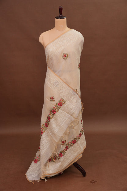 Embroidered Jute Linen Saree - Half White with Peach Undertone