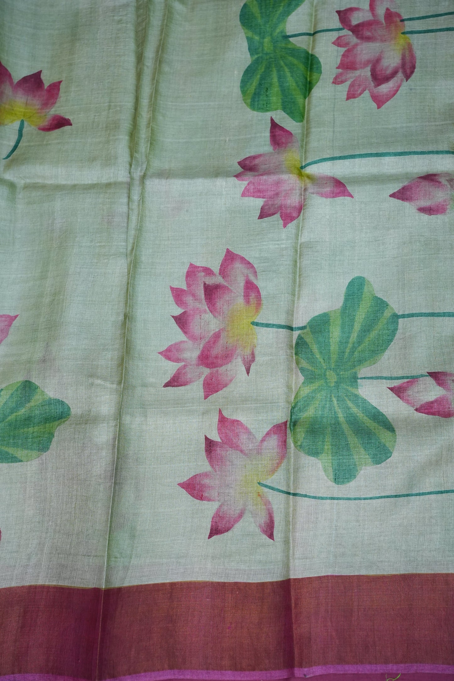 Pure Tussar Silk Saree with Floral Handpainted Print – Mint Green & Magenta | Silk Mark Certified
