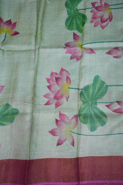 Pure Tussar Silk Saree with Floral Handpainted Print – Mint Green & Magenta | Silk Mark Certified