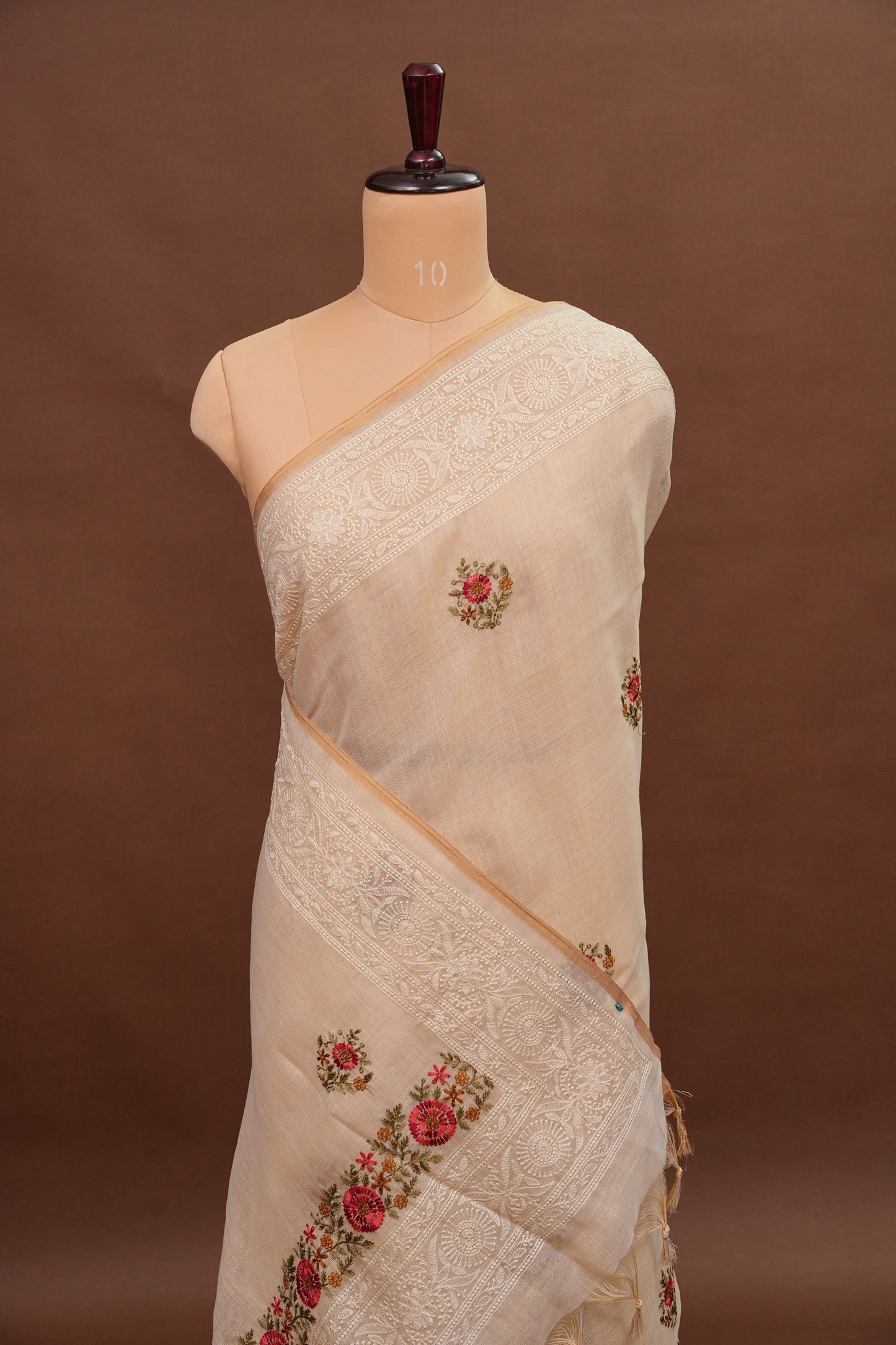Embroidered Jute Linen Saree - Half White with Peach Undertone