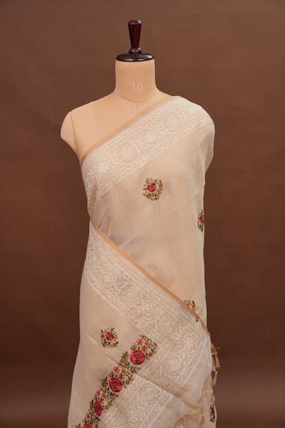 Embroidered Jute Linen Saree - Half White with Peach Undertone