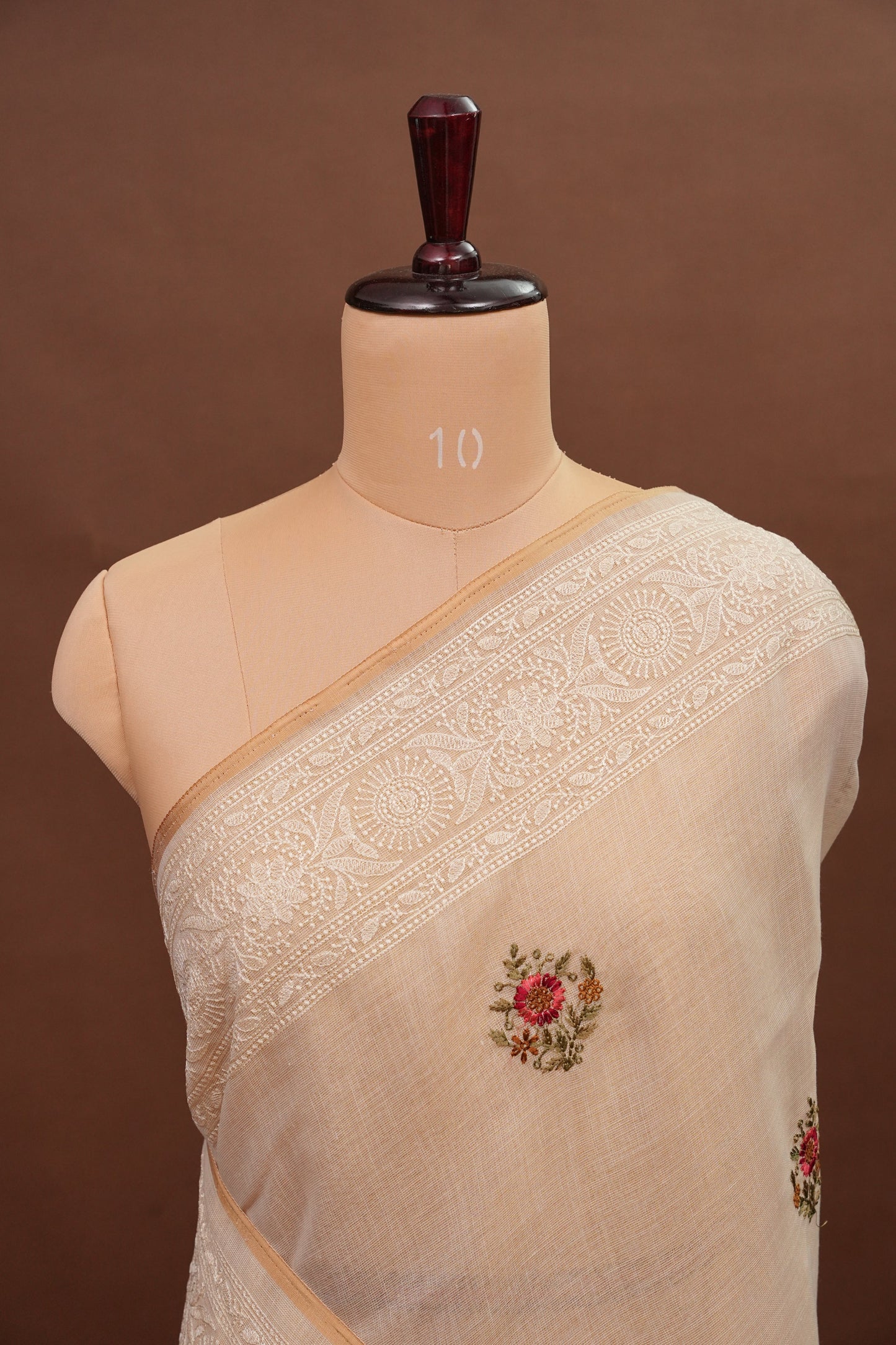 Embroidered Jute Linen Saree - Half White with Peach Undertone