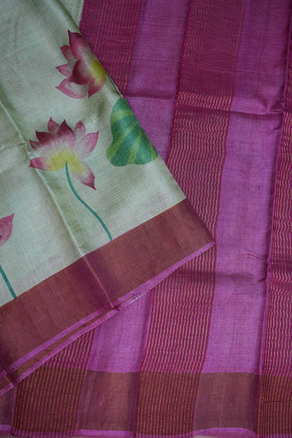 Pure Tussar Silk Saree with Floral Handpainted Print – Mint Green & Magenta | Silk Mark Certified