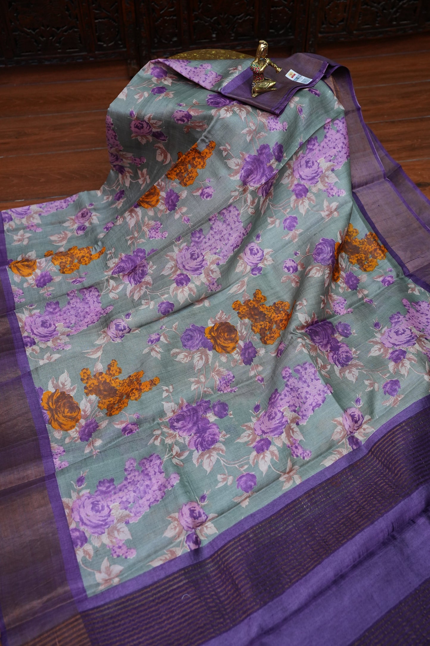 Pure Tussar Silk Saree with Floral Digital Print – Sage Green & Purple | Silk Mark Certified