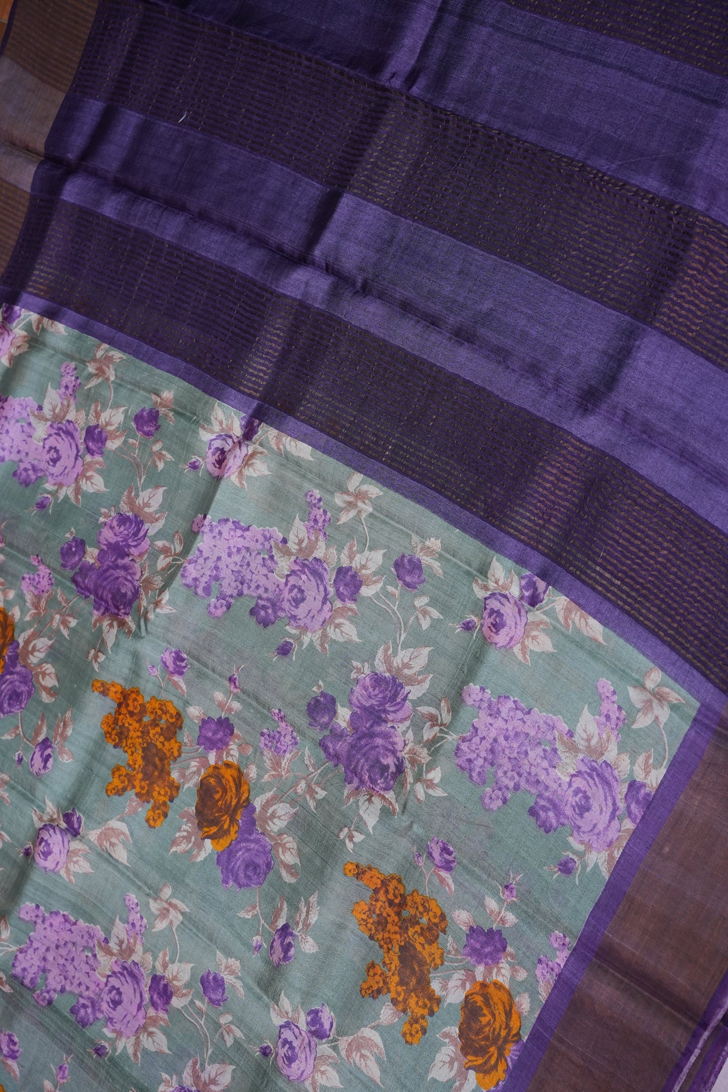 Pure Tussar Silk Saree with Floral Digital Print – Sage Green & Purple | Silk Mark Certified