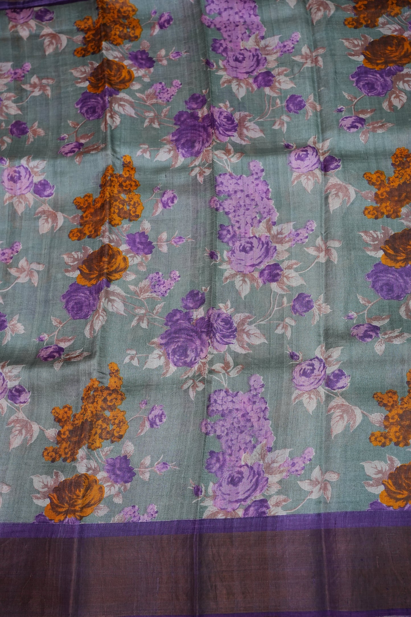 Pure Tussar Silk Saree with Floral Digital Print – Sage Green & Purple | Silk Mark Certified