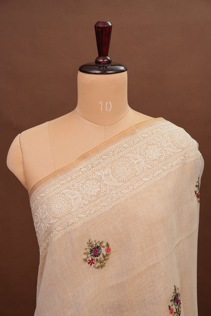 Embroidered Jute Linen Saree - Half White