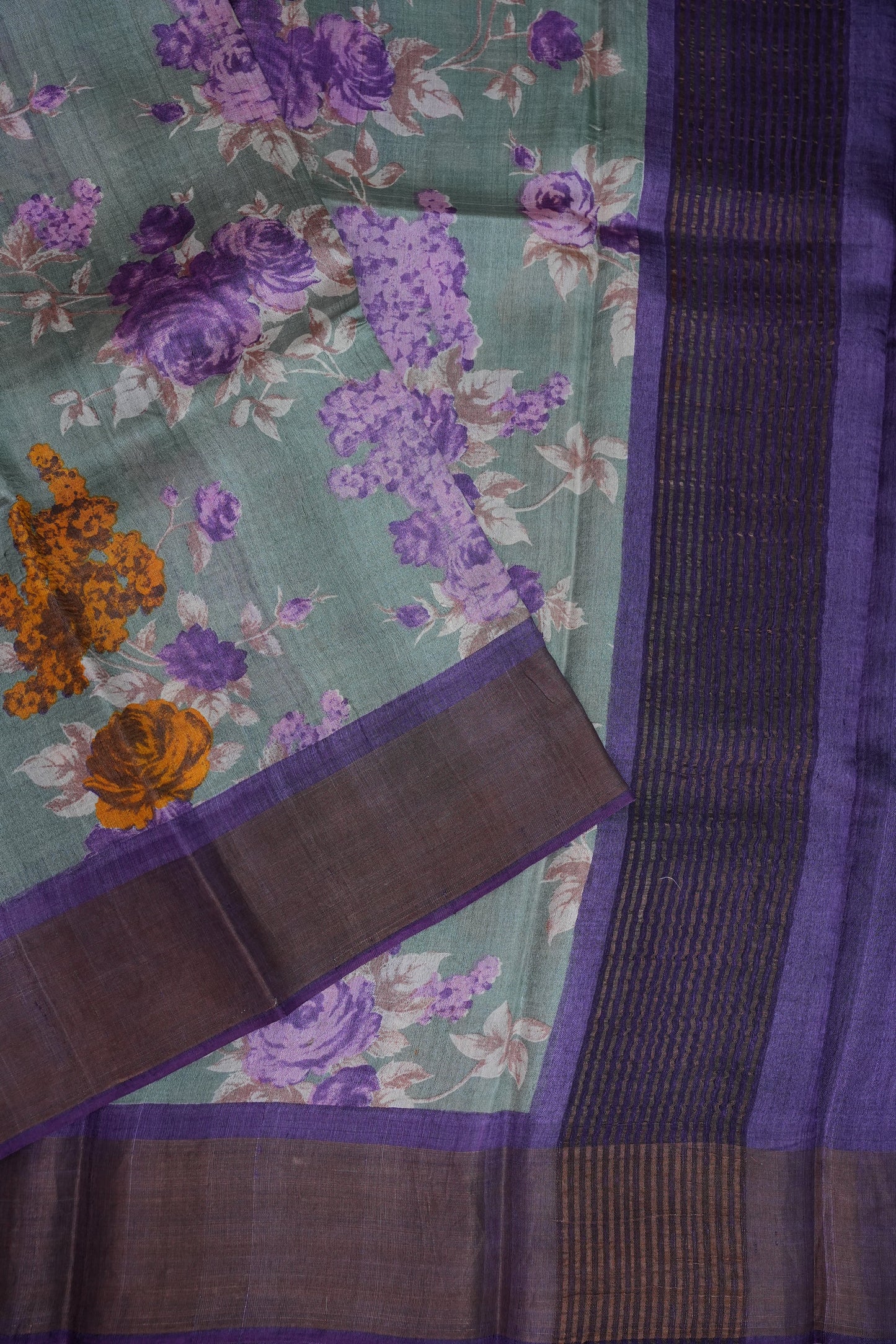 Pure Tussar Silk Saree with Floral Digital Print – Sage Green & Purple | Silk Mark Certified