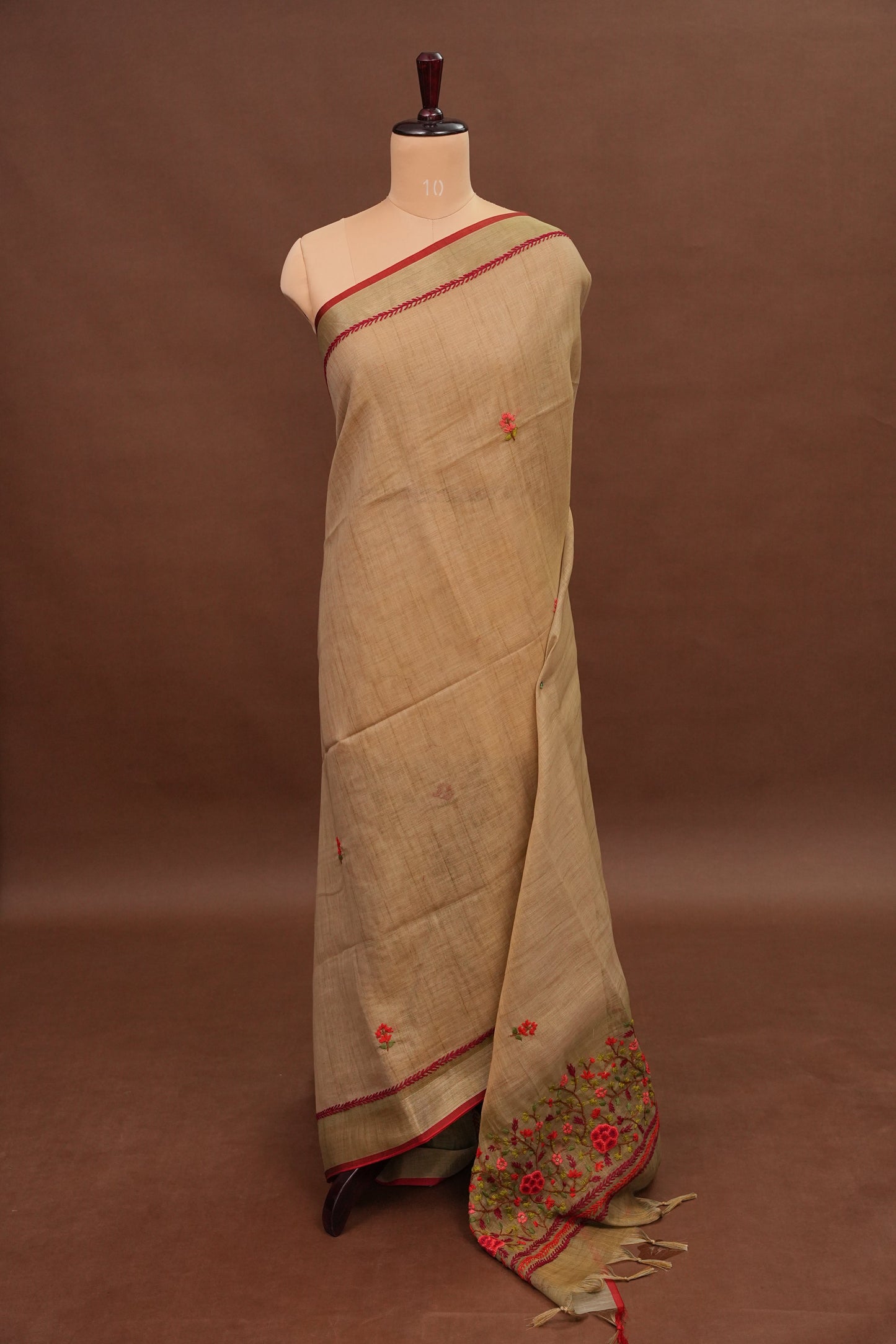 Embroidered Jute Linen Saree - Gold Beige