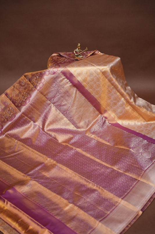 Honey Gold with Mauve Pink Pure Tissue Kanchipuram Silk Saree|Silk Mark Certified