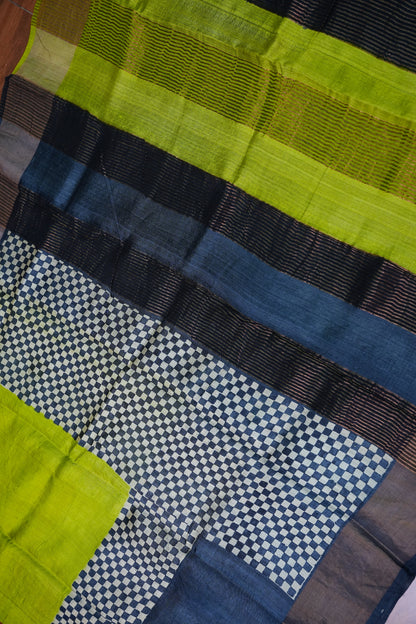 Pure Tussar Silk Saree with Traditional Block Prints – Lime Green & Navy Blue | Silk Mark Certified