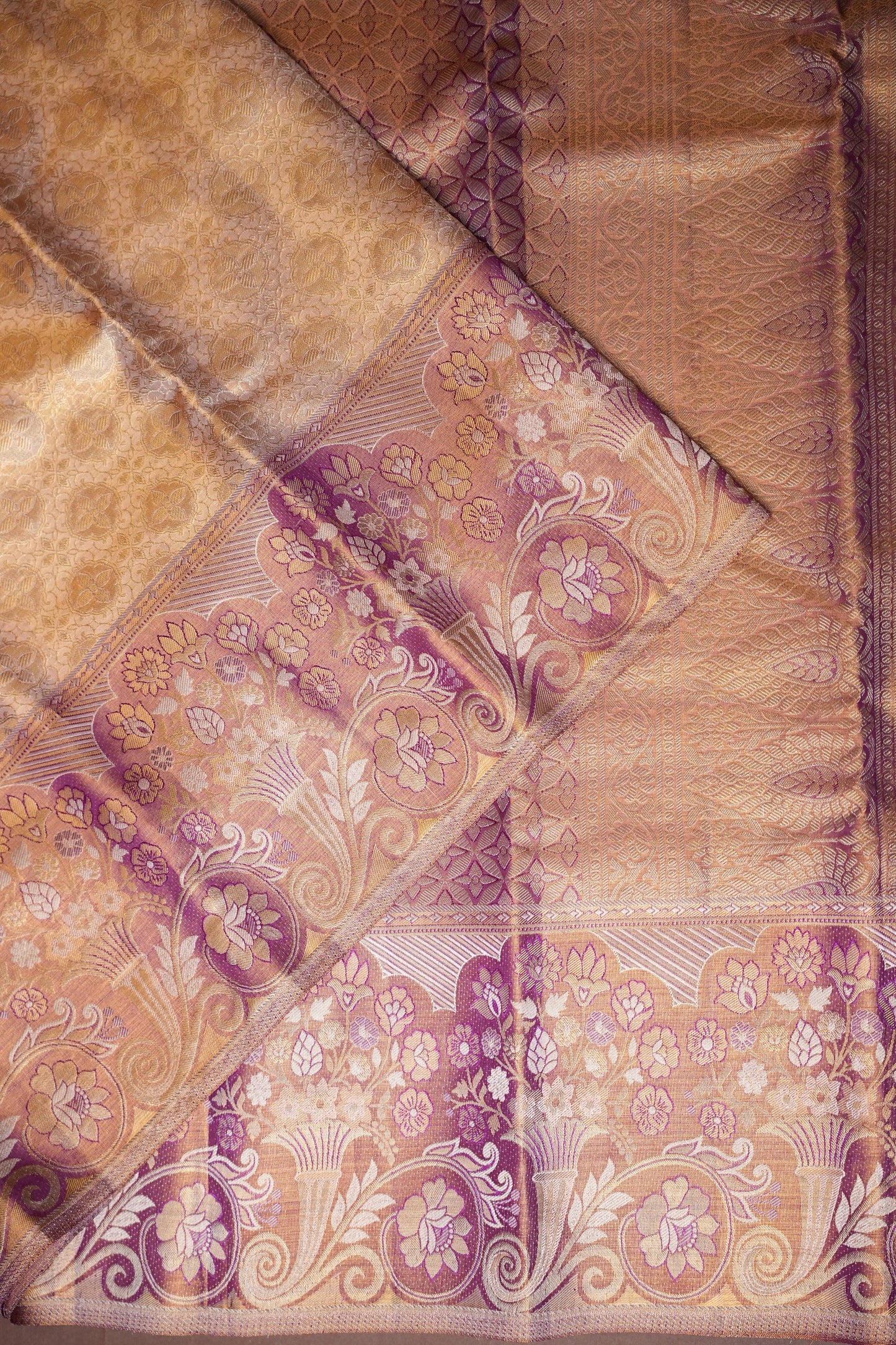 Honey Gold with Mauve Pink Pure Tissue Kanchipuram Silk Saree|Silk Mark Certified