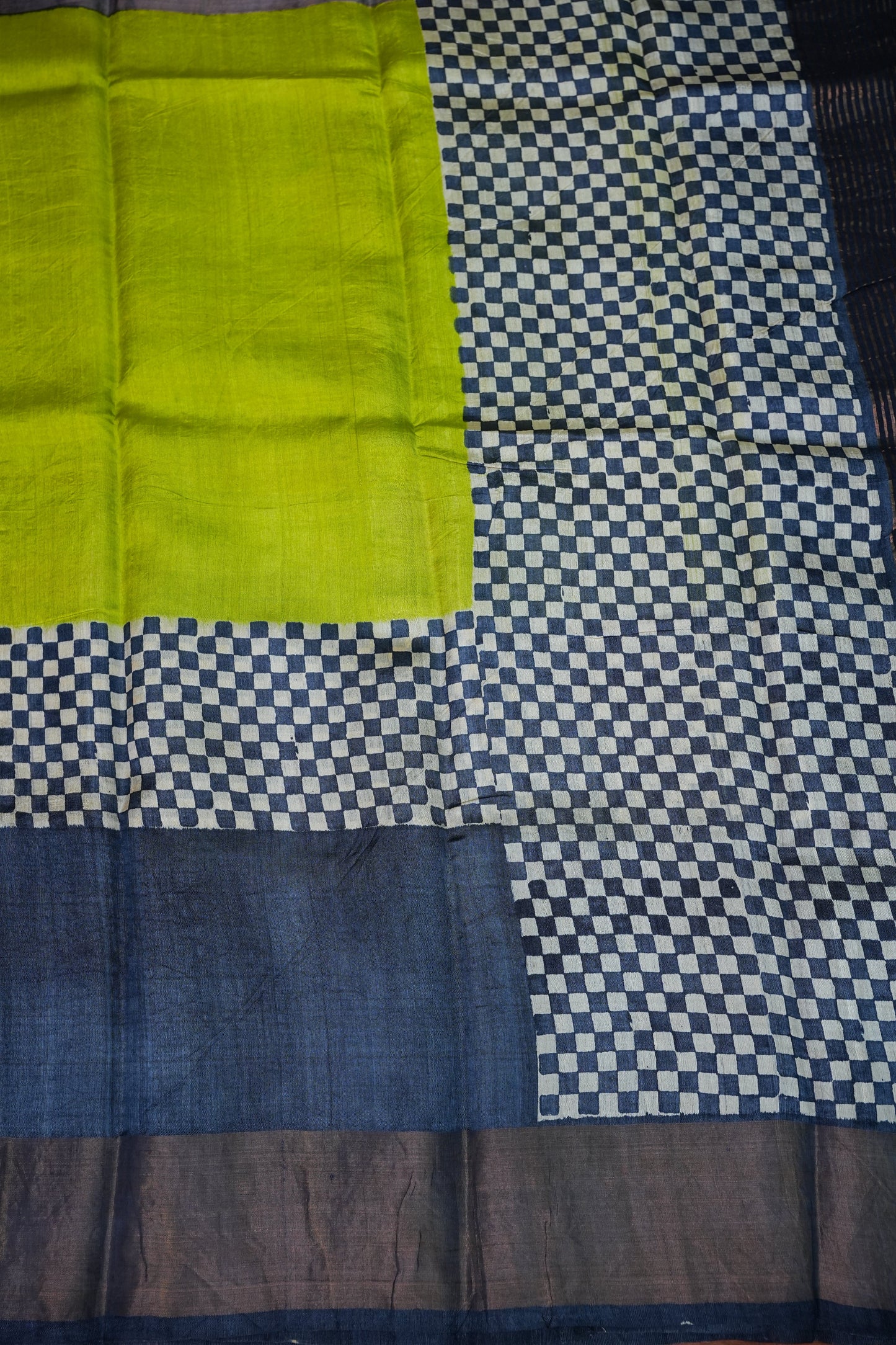 Pure Tussar Silk Saree with Traditional Block Prints – Lime Green & Navy Blue | Silk Mark Certified