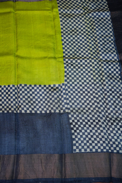 Pure Tussar Silk Saree with Traditional Block Prints – Lime Green & Navy Blue | Silk Mark Certified