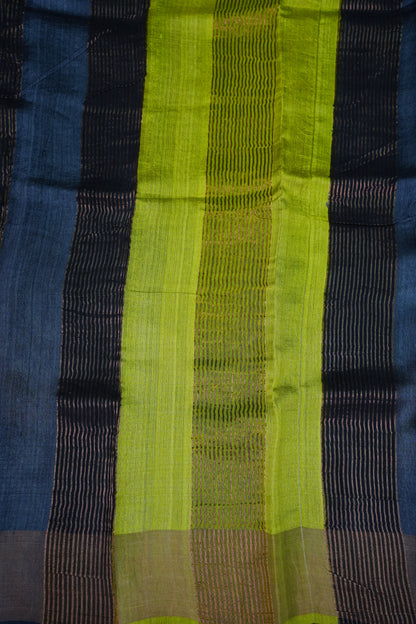 Pure Tussar Silk Saree with Traditional Block Prints – Lime Green & Navy Blue | Silk Mark Certified