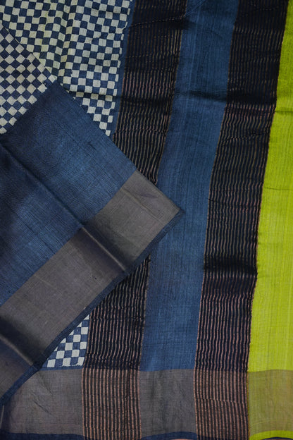 Pure Tussar Silk Saree with Traditional Block Prints – Lime Green & Navy Blue | Silk Mark Certified